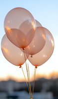 Soft pink balloons floating against sunset sky, golden light illuminating translucent latex surface creating dreamy atmosphere for celebration and party decoration.