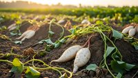 Fresh organic potatoes harvested from fertile farmland soil with green vines during golden hour sunset. Agricultural crop production and sustainable farming concept.