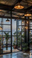 Modern loft interior with industrial pendant lights, black metal-framed glass doors and windows, potted plants, and waterfront view at sunset for contemporary home design.