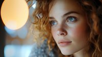 Young Caucasian woman with curly hair and blue eyes in warm golden lighting. Close-up portrait with soft bokeh background for beauty and lifestyle content.