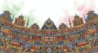 Young Asian woman with long dark hair wearing traditional Thai silk dress in jewel tones, standing in front of ornate golden temple architecture with intricate carved details and colorful decorative patterns, suitable for travel, culture, and fashion design projects.