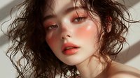Young Asian woman with coral lipstick, dewy skin, and messy dark hair in natural window light creating dramatic shadows on face, modern beauty portrait.