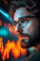 Bearded man in glasses illuminated by vibrant neon orange and blue lights, with financial chart data reflection creating dramatic cyberpunk atmosphere.