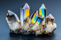 Iridescent crystal quartz cluster formation with rainbow aura coating displays vibrant blue, yellow and purple colors against dark background on natural stone base.