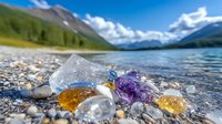 Colorful crystals and gemstones on pebble beach with mountain lake and snow-capped peaks in background. Sunlight reflects off clear quartz and amethyst stones.