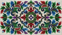 Ornate floral embroidery pattern with colorful leaves and decorative swirls on cream background for textile design and craft projects.