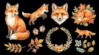 Orange fox sitting with fluffy tail, jumping fox, fox head, fox with autumn leaves wreath, running fox, paw prints, and fall foliage elements isolated on transparent background for t-shirt design, clipart, stickers, and print-on-demand projects.