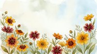 Watercolor wildflower border with yellow and burgundy cosmos flowers on soft textured background for greeting cards and botanical designs.