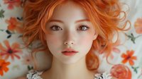 Young redhead woman with curly orange hair lying on floral bedding, natural beauty portrait with soft lighting and peaceful expression for lifestyle content.