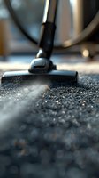 Close-up view of vacuum cleaner head on carpet with dust particles and bokeh effect, showing cleaning process in action with dramatic lighting.