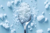 Silver spoon filled with coarse sea salt crystals on light blue background, scattered salt granules creating minimalist composition for culinary and food styling.