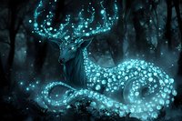 Mystical deer spirit with glowing turquoise orbs in dark enchanted forest, magical creature illuminated by ethereal lights creating spiral patterns in nocturnal scene.