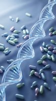 DNA double helix structure with colorful pharmaceutical capsules and pills for genetic medicine research and personalized healthcare development.