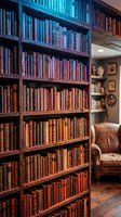 Vintage library bookshelf filled with antique leather-bound books in warm brown and burgundy tones, cozy reading room with armchair and wooden floors.