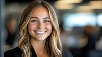 Young blonde businesswoman smiling confidently in modern office environment with professional attire and warm expression for corporate communications.