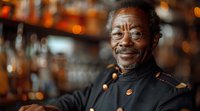 Senior African American man with glasses and chef uniform smiling in restaurant kitchen with warm amber lighting and blurred bottles in background.