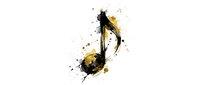 Musical note with black and gold splatter paint effect on white background, isolated design element for music industry graphics, posters, and creative projects.