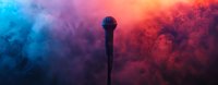 Silhouette of microphone against dramatic red and blue smoke background with atmospheric lighting effects, creating moody entertainment atmosphere.
