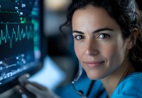 Hispanic female medical professional monitoring vital signs on digital screen in hospital setting, wearing blue scrubs, displaying confident expression.