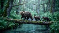 Adult brown bear with two cubs walking across fallen log over stream in lush forest environment. Wildlife and nature photography for editorial and commercial use.