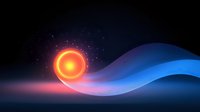 Glowing orange sun or energy sphere floating above smooth flowing blue wave against dark background with sparkles and gradient light effects.