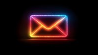 Glowing neon rainbow envelope icon on black background with light effects and vibrant gradient colors from pink to blue, modern digital communication symbol.