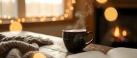 Steaming hot coffee mug on cozy blanket with warm bokeh lights creating peaceful morning atmosphere for relaxation and comfort at home.