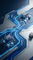 Futuristic circuit board with glowing blue pathways and microchips showcasing advanced technology and electronic engineering for tech presentations.