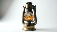 Vintage brass oil lantern with glowing amber glass, isolated on white background, suitable for antique decor, historical design, and nostalgic themed projects.