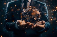 Digital hologram of glowing Earth network floating above business person hands with connected dots and lines, orange light particles in dark background.