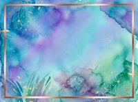 Watercolor wash in turquoise, purple, and green tones with gold botanical line art elements and copper frame border, suitable for backgrounds and design projects.