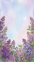 Watercolor lilac flowers frame the bottom and sides of a soft pastel background in shades of lavender, pink, and blue, creating an elegant floral border with green foliage.