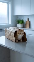 Tabby cat playing in paper bag on kitchen counter with potted plant and wooden cutting board in modern minimalist interior space.