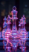 Glass chess pieces illuminated by neon pink and blue lights on reflective surface, king piece centered among knights and bishops creating dramatic atmosphere.
