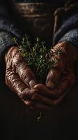 Weathered elderly hands gently holding fresh thyme sprigs against dark background, symbolizing connection between generations and sustainable agriculture.