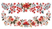 Elegant floral frame with red watercolor flowers, berries and green leaves arranged in symmetrical composition. Perfect for wedding invitations and romantic designs.