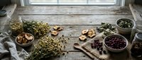 Dried herbs and natural ingredients arranged on rustic wooden table for herbal medicine preparation and holistic wellness practices.
