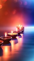 Glowing diya lamps arranged in row with soft bokeh background, creating spiritual atmosphere for Diwali celebration or meditation practice.
