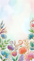 Watercolor floral border frame with colorful blooms and ornamental swirls on soft pastel background, ideal for invitations, greeting cards, and design projects.