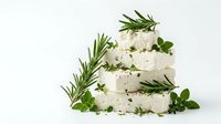 Stacked white cheese rounds garnished with fresh rosemary and herbs on isolated background, suitable for food styling and culinary design projects.