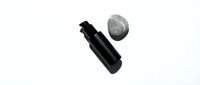 Black cosmetic pump bottle with silver cap floating on white background isolated for skincare product design and beauty branding mockup.