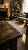 Rustic wooden table edge in cozy Christmas living room with blurred tree lights and fireplace creating warm holiday atmosphere for product display.