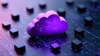 Purple cloud computing symbol on digital circuit board background with glowing neon elements and geometric shapes in modern tech visualization.