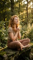 Peaceful young Caucasian woman with curly red hair meditating in serene forest setting during golden hour sunlight for wellness and mindfulness concepts.
