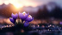 Purple crocus flowers blooming at sunrise with morning dew drops creating magical bokeh effect in early spring garden background.