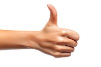 Female hand showing thumbs up gesture against white background, positive feedback and approval concept, isolated on white for easy design integration.