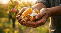 Beekeeper holding fresh honeycomb with dripping honey in hands outdoors, agricultural harvest scene for beekeeping, food production, and natural sweetener marketing.
