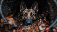 Close up portrait of German Shepherd dog hiding in autumn leaves, with intense blue eyes and focused expression against dark background, dramatic lighting.
