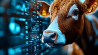 Brown cow head close-up against digital data background, combining agriculture with modern technology concept, dramatic lighting with blue tech interface elements.