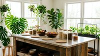 Modern kitchen island with lush houseplants creating urban jungle atmosphere. Natural light streaming through windows illuminates green foliage and wooden surfaces.